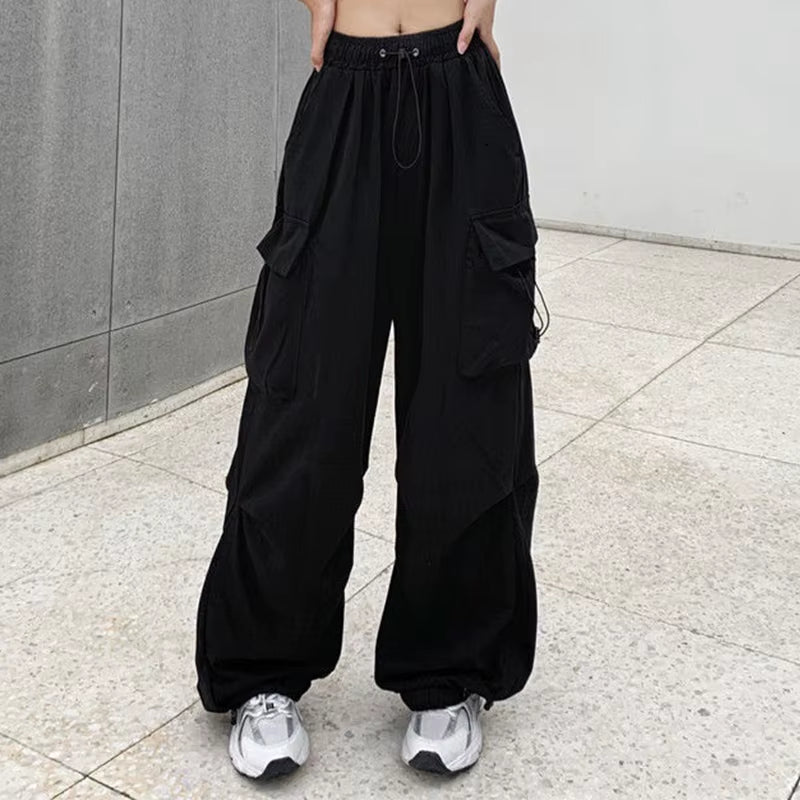 Women Casual Baggy Cargo Pants Solid Low Waist Joggers Tech Pants Drawstring Wide Leg Baggy Trousers Y2K Streetwear Sweatpants