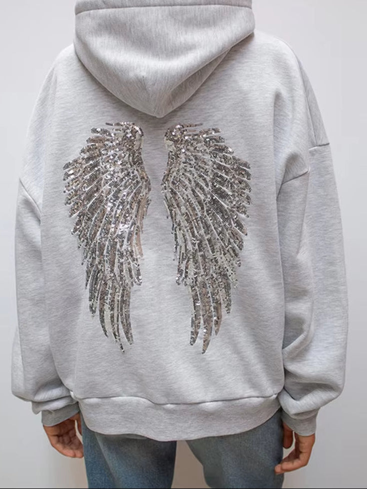 Casual Sequined Angel Wings Oversized Hoodie Women Loose Grey Long Sleeve Street Warm Pullover 2025 Winter Lady Daily Wear New