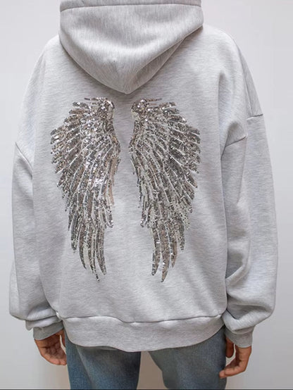 Casual Sequined Angel Wings Oversized Hoodie Women Loose Grey Long Sleeve Street Warm Pullover 2025 Winter Lady Daily Wear New