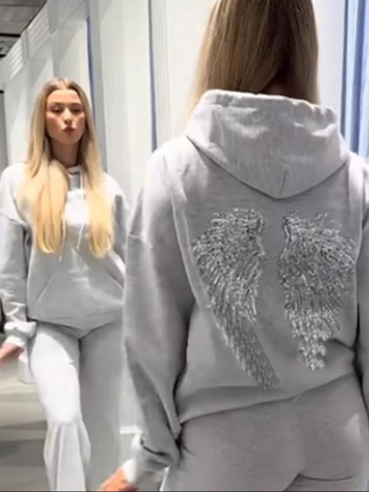 Casual Sequined Angel Wings Oversized Hoodie Women Loose Grey Long Sleeve Street Warm Pullover 2025 Winter Lady Daily Wear New