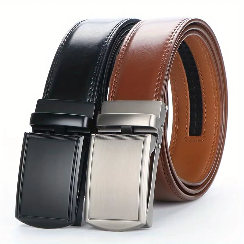 Original Genuine Leather Cowhide Belt for Men - Adjustable Automatic Buckle Versatile Casual Business Style Durable Alloy Buckle